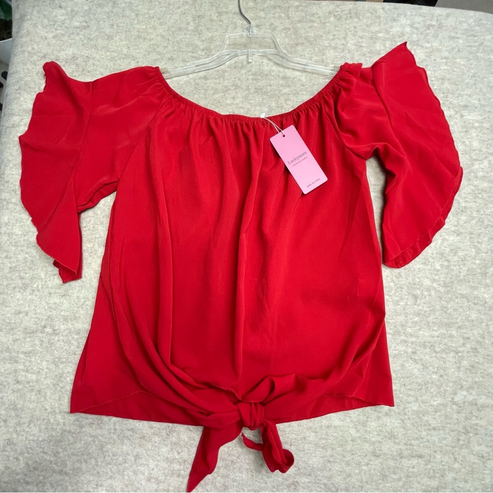 Luckymore Womens blouse top oversize red crepe with tie &  bell sleeves L